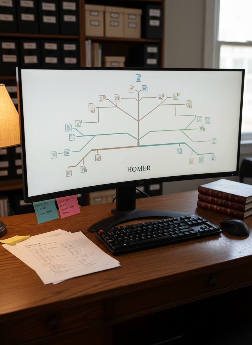A solid wooden desk in a quiet study, topped with a large computer monitor displaying a detailed ancestral tree diagram with the surname “Homer” at the center, surrounded by color-coded branches and small document icons. Beside the keyboard lie printed source lists, sticky notes with dates and locations, and a tidy stack of bound research reports. A wall of neatly labeled archival boxes and binders fades softly in the background. Warm, indirect lamplight combines with faint window light, producing a balanced, neutral tone. Photographic realism, eye-level composition with a slight angle to reveal depth, creating a focused, professional atmosphere ideal for serious genealogical research.