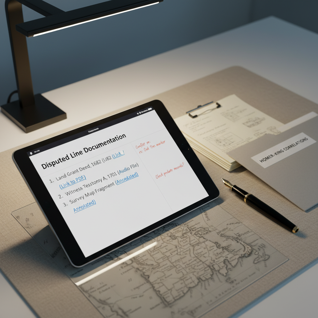 A close-up of a meticulously annotated digital document on a tablet lying on a linen-textured desk mat, showing a section titled “Disputed Line Documentation” with numbered evidence entries, hyperlinks, and margin comments. Next to the tablet is a fountain pen, a small stack of neatly clipped source printouts, and a slim, labeled folder reading “Homer–King Correlations.” A subtle, desaturated map of early New England towns is faintly visible under a translucent blotter. Cool, directional task lighting from a modern desk lamp creates clear highlights along the tablet’s edge and gentle shadows from the paper stack. Photographic realism, shot at a three-quarter angle with moderate depth of field, evoking a precise, professional research environment.