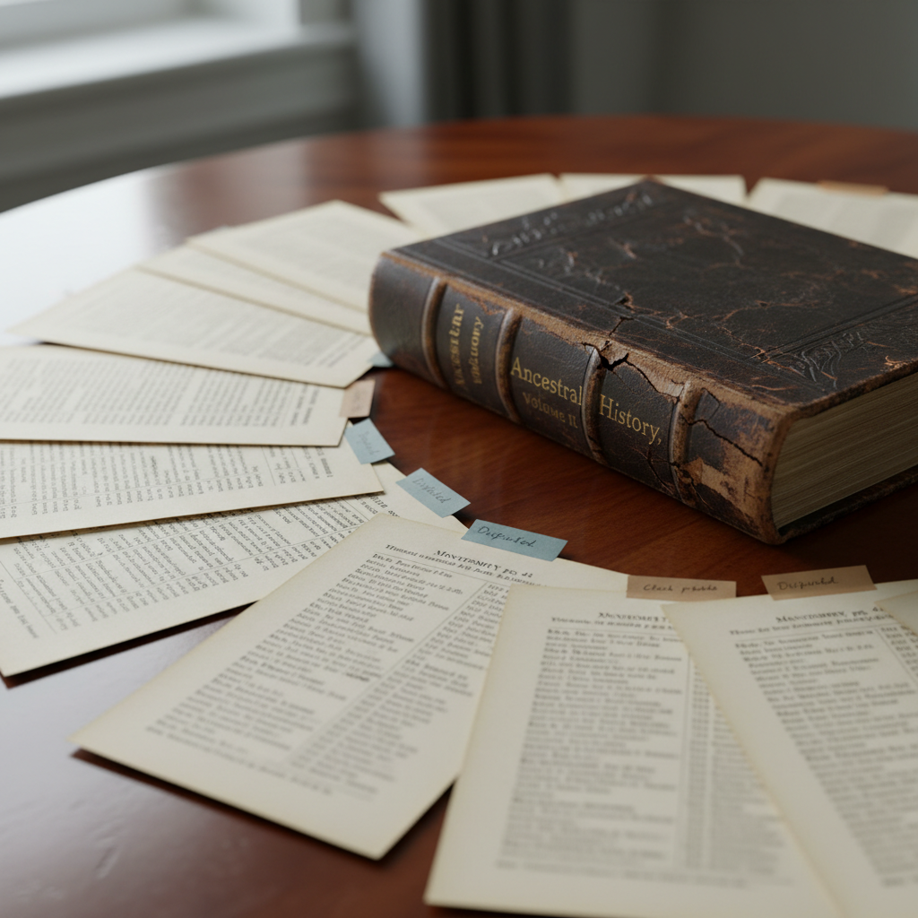 A close-up of an antique, leather-bound family history volume titled “Ancestral History, Volume II” resting on a polished mahogany table, its spine cracked and gilded lettering slightly worn. Around it, printed source index pages are fanned out, each densely filled with surnames, page numbers, and cross-references. Small adhesive tabs in muted blues and tans mark disputed lines and research notes. Cool, overcast window light washes gently across the scene, accentuating the grain of the leather and the texture of the paper while keeping contrasts soft. Photographic realism, shot from a slightly elevated angle with shallow depth of field to keep the title and nearby index entries in sharp focus, conveying a meticulous, evidence-based approach.