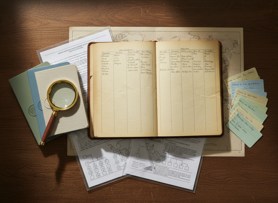 A carefully arranged flat lay of archival family history materials on a dark oak table, featuring an open, yellowed genealogy ledger with neatly inked surnames like “Homer” and “King,” beside a magnifying glass, linen-bound notebooks, and color-coded index cards. A muted world map is partially visible beneath transparent plastic sleeves containing printed source citations and tree diagrams. Soft, diffused afternoon light from an unseen window rakes across the paper textures, highlighting creases and embossed seals while casting gentle shadows. Photographic realism, shot from a directly overhead, bird’s-eye view with crisp focus across the frame. The mood is scholarly and methodical, conveying careful documentation and professional research in a clean, organized composition.