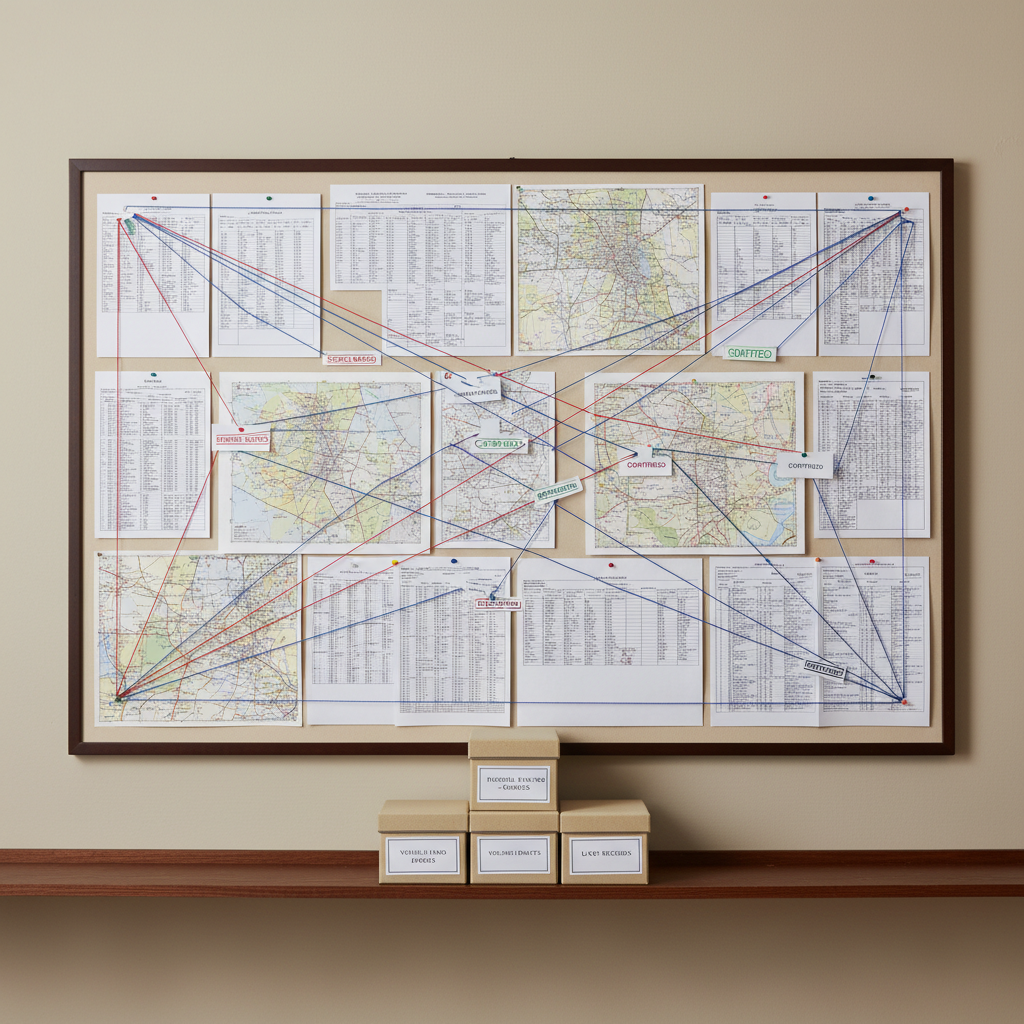A large, cream-colored corkboard mounted on a neutral wall, meticulously pinned with interconnected family group sheets, location maps, and printed census excerpts. Thin red and blue threads connect key surnames and disputed lineage notes, with small tags labeled “source needed,” “confirmed,” and “disputed.” A narrow shelf below holds labeled archival boxes bearing names like “Russell King Homer – Sources” and “Volume II Drafts.” Soft, even studio-style lighting minimizes harsh shadows, ensuring every label and note is legible. Photographic realism, captured straight-on with sharp focus throughout the frame, producing a clean, analytical, and organized mood that highlights the complexity of multi-family ancestral research.